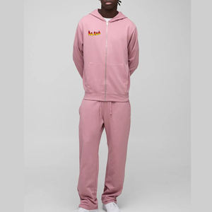 Streetwear personnalisé 100% coton survêtement homme avec fermeture éclair avec poches latérales anti-froissement et boulochage hip hop homme 2 pièces - Product Image 1