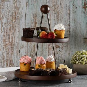 Support de service à deux niveaux en bois et en métal de qualité supérieure avec un design élégant, parfait pour les desserts, les collations, une présentation moderne pour la maison et les fêtes - Product Image 2