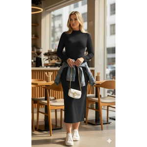 Robe longue à col roulé et manches longues pour femme avec fentes latérales, 38327 - Noir - Product Image 2