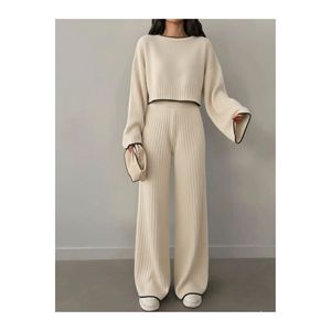 Conjunto de Suéter de Punto Extra Grande para Mujer con Detalle de Costura en Contraste - Product Image 1