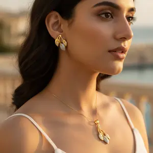 Women's 18K Gold Plated Leaf <b>Jewelry</b> <b>Set</b> with CZ Stones 100% Copper for Bridal <b>Pearl</b> Gift Occasions - Product Image 1