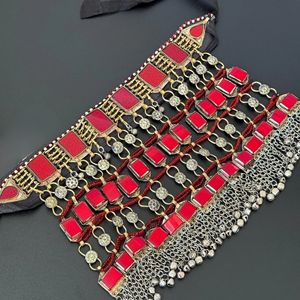 : Authentic Afghan Guluband Choker Necklace Featuring Deep Red Ruby <b>Glass</b> Stones Handcrafted Silver Metal <b>Chains</b> Traditional - Product Image 5