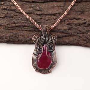 Kashmiri <b>Ruby</b> Gemstone Pear Cut Copper Wire Wrapped Fashion Pendant <b>Necklace</b> Red Stone Oxidized Silver For Cocktail Party Wear - Product Image 1