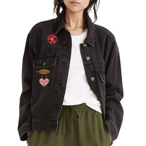 Veste en jean pour femmes de style vintage fait à la main broches brodées colorées personnalisées toile tricotée en coton mode unique hiver - Product Image 1