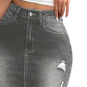 Jupe crayon grise en denim extensible (Spandex/Coton) pour femme, taille haute, coupe droite, longueur midi, décontractée, effet usé, lavée, hiver automne - Product Image 4