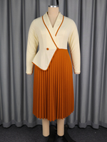 ADR051026 Robe élégante à col en V et manches longues, robe basique à contraste de couleur, robe plissée décontractée mi-longue
