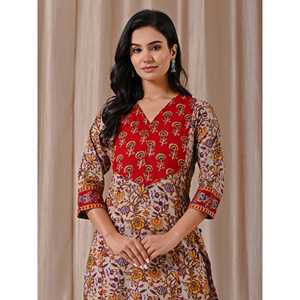 Kurti Recto de Algodón Estampado Jaal Rojo Beige, Estilo Casual con Cintura Natural y Característica Transpirable - Product Image 1