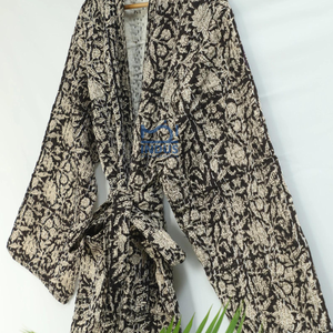 Peignoir de bain Kantha en coton beige bohème indien imprimé à la main Vente en gros Vêtements de nuit pour femmes Robe maxi kimono - Product Image 4