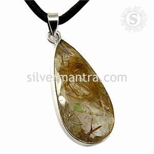 Venta caliente buena calidad 925 plata esterlina Natural oro rutilo piedra preciosa forma de lágrima colgante joyería hecha a mano mayorista - Product Image 4