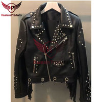 Veste courte en cuir véritable à franges à manches longues pour femmes tendance avec un design à double couche - Vêtement d'extérieur élégant pour l'automne