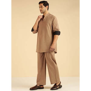 Amanush <b>Men's</b> Beige Solid Cotton Co-Ord Set Full Sleeves Mandrin Collar Kurta With Ankle Length Pant Casual Wear 2 Piece Outfit - Product Image 4