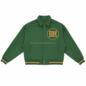 Chaqueta universitaria de mezcla de lana unisex 420 GSM parche de chenilla personalizado Logo verde con dobladillo y puños de cuello acanalado chaqueta universitaria para mujer - Product Image 1