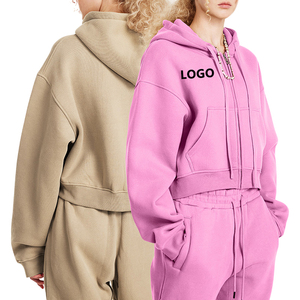 OEM Logo personnalisé femmes poids lourd fermeture éclair sweat à capuche décontracté conception épaule tombante pour l'hiver vêtements de rue teint en plaine - Product Image 2