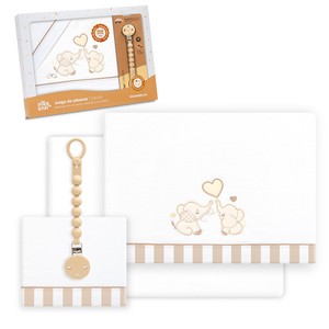 Ensemble de literie pour lit bébé 3 pièces 100% coton avec porte-sucette, motif tissé à l'effigie d'un éléphant - Modèle Parejita Elefante pour bébé - Product Image 1