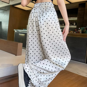Nueva Primavera Verano tejido de lunares transpirable cintura elástica cintura alta Casual suelto recto pantalones de pierna ancha Pantalones de mujer - Product Image 5