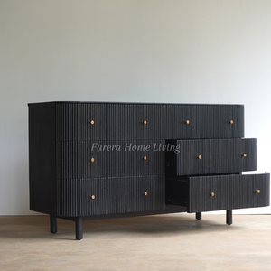 Meuble console multimédia Felix, style moderne et luxueux, en teck massif européen, couleur bois naturel, élégant, avec 3 tiroirs, pour le salon - Product Image 4