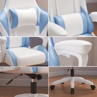 Chaise de jeu blanche et bleue pivotante pour ordinateur, siège de bureau à dossier haut avec accoudoirs rembourrés et inclinables pour la maison