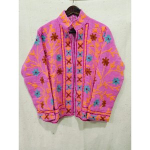 Blouson bomber matelassé en coton Khadi avec broderie florale - Manteau court respirant pour le printemps, l'automne et l'hiver (XXL, logo personnalisé disponible) - Product Image 1
