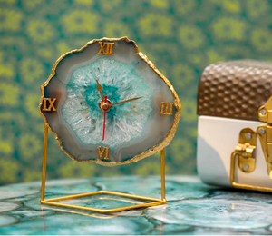 INCREÍBLE RELOJ DE ÁGATA CON SOPORTE DE MADERA/Relojes de mesa de posavasos de ágata galvanizada natural/RELOJES DE MESA DE ÁGATA VERDE - Product Image 2