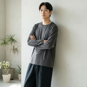 เสื้อยืดแขนยาวผู้ชายผ้าถักไม้ไผ่แบบพื้นฐานทรงหลวมสไตล์ลำลอง - Product Image 3