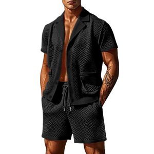 Conjuntos informales de lino y algodón transpirable para hombre, conjuntos de camisas y pantalones cortos con botones y cuello levantado Vintage para hombre, ropa de verano - Product Image 3