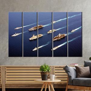 Arte de pared en lienzo de la Flota Naval: Decoración impresa de barco de guerra militar y océano, 5P: Enmarcado tipo galería - Product Image 1