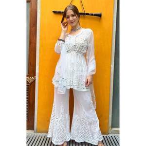 Presenting New Designer Party Wear Georgette Heavy Real Mirror Work With Embroidery Top and Palazzo With Sequence Work Dupatta - Product Image 1