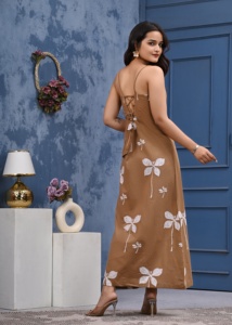 Bloc floral imprimé Western Indian Summer robe en coton pour les femmes porter Midi longueur tissé taille décoration robes lavables - Product Image 6