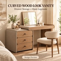 Coiffeuse personnalisée en bois clair veiné avec plateau incurvé, trois tiroirs et espace de rangement ouvert pour chambre à coucher