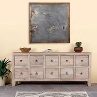 Buffet en teck sablé style Ibiza, 200 cm (2,5 pieds) de hauteur, 2 portes coulissantes, 8 tiroirs, rangement ouvert, pour salon