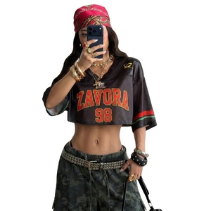 Retro Street Fashion Wear Short Sleeve Oversized Mesh <b>Cropped</b> <b>Top</b> Women American Football Jersey Black <b>Red</b> Graphic Print V-Neck - Product Image 1
