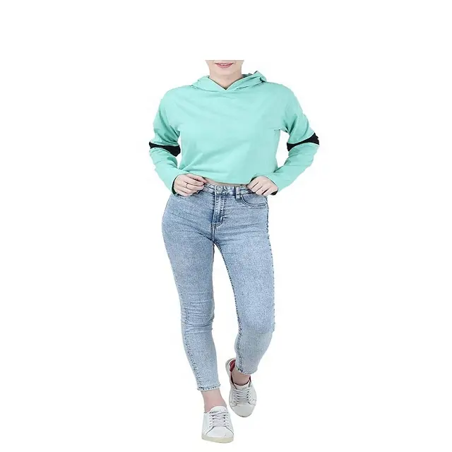 OEM Vente en Gros Dames Crop Jumper Polaire Imprimé Uni Coton recadrée Brut Coupe Ourlet À Capuche Crop Top Pour Les Femmes