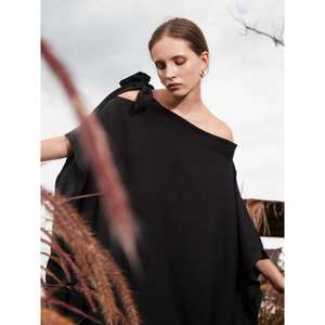 Robe longue kaftan noire unie pour femme, à une épaule, coupe ample, longueur au sol, taille naturelle, élégante, pour soirée et vacances, lavable - Product Image 3