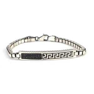 925 Sterling <b>Silver</b> Onyx Stone Greek Motif Cube Chain <b>Bracelet</b> Elegant Crystal <b>Bracelets</b> & <b>Bangles</b> - Product Image 1