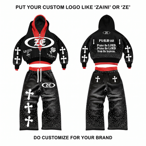 Chándal ZAINI Premium de Felpa de Algodón de 350 GSM para Hombre, Ropa Deportiva de Invierno, Negro con Paneles Rojos, Logotipo Frontal Bordado Personalizado, OEM ODM - Product Image 1