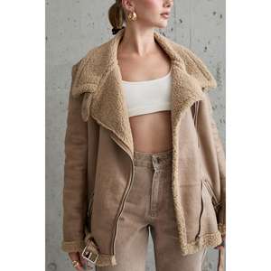 Wholesale Shearling Fur-<b>Lined</b> Beige <b>Jacket</b> with Epaulets Windproof Feature - Product Image 2