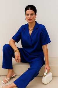 Tenue décontractée et semi-formelle disponible en tailles M L XL XXL Ensemble chic en polyester bleu deux pièces avec haut et pantalon large - Product Image 5