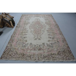 Vintage Turkish <b>Rug</b> Classic Beige Pink 5.8 X 9.5 ft <b>Boho</b> Flat Weave Jute Carpet Patchwork Pattern for Living Room - Product Image 1