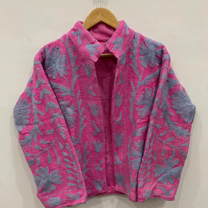 Veste en Velours Rose Suzani TNT Floral Broderie Aari Kashmiri Veste Courte Col Mandarin Manteau Style Bohème - Product Image 1