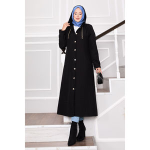 Abrigo Acolchado con Capucha Negra, Cuello de Piel, Relleno de Fibra de Poliéster, Forro de Nailon para Mujer - Talla XS, Largo, Estampado, para Invierno y Otoño - Product Image 5