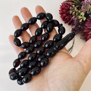 Perles de prière musulmanes en ambre de la Baltique, forme d'olives, couleur cerise - Product Image 3