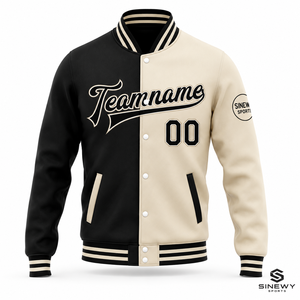 Chaqueta Varsity SINEWY SPORTS para Hombre, Negra y Crema, Dos Tonos, Nombre y Número Personalizados, Estilo Preppy, Cierre de Botones, para Otoño - Product Image 2