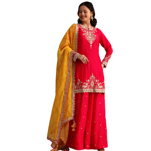 Traje rojo Zari Work Kurta Palazzo con Organza Dupatta, venta al por mayor, Ropa Étnica para mujer, ropa OEM, proveedor de fábrica personalizado - Product Image 3
