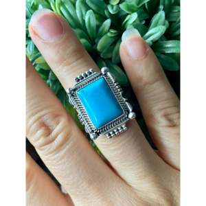 Navajo Handmade Fine Jewelry Kingman Turquoise & Sterling <b>Silver</b> <b>Statement</b> <b>Ring</b> Size 7 for Everyday Wear - Product Image 2