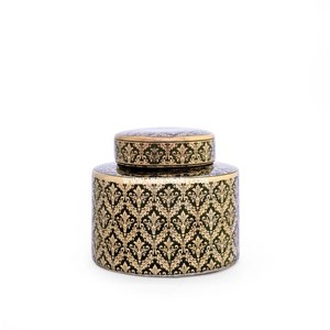 Elegante Jarrón Decorativo Redondo Pintado a Mano en Color Dorado y Negro, Recipiente Metálico para Almacenamiento de Alimentos con Tapa - Product Image 1