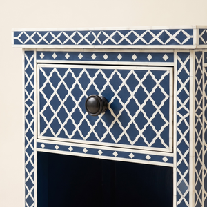 Table de chevet haut de gamme bleu marine avec incrustations en os, 1 tiroir, étagère ouverte, treillis marocain, meuble de chambre fait main, table de chevet - Product Image 5