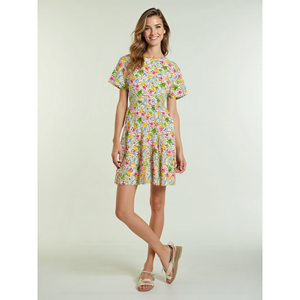 Robe Courte Décontractée à Manches Courtes et Imprimé Floral Multicolore en Coton 100% sans Col avec Ceinture pour Femme – Vente en Gros pour l'Automne - Product Image 1