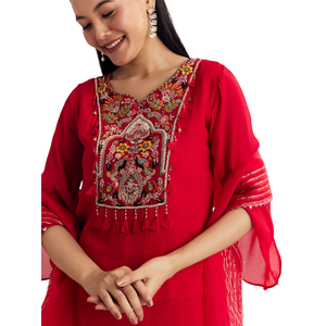 Traje rojo Chinon asimétrico Palazzo con bordado, venta al por mayor, Ropa Étnica para mujer, proveedor de fábrica OEM, ropa de fiesta personalizada - Product Image 3