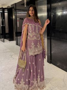 Nueva colección Heavy Faux Georgette bordado diseñador Palazzo Suit secuencia completa trabajo Top Dupatta Set para fiesta tradicional - Product Image 4