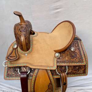 Premium <b>Wood</b> Tree Barrel Racing Artwork Western Leather Saddle Set | Hand <b>Tooled</b> SS Fittings Free Tack Set Horse Riding - Product Image 1